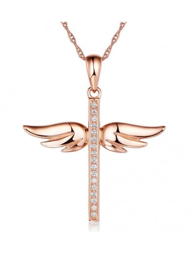 Image 1 of White Diamond Angel Wings Cross 14K Rose Gold Pendant
