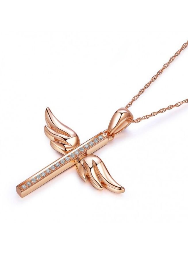 Image 3 of White Diamond Angel Wings Cross 14K Rose Gold Pendant