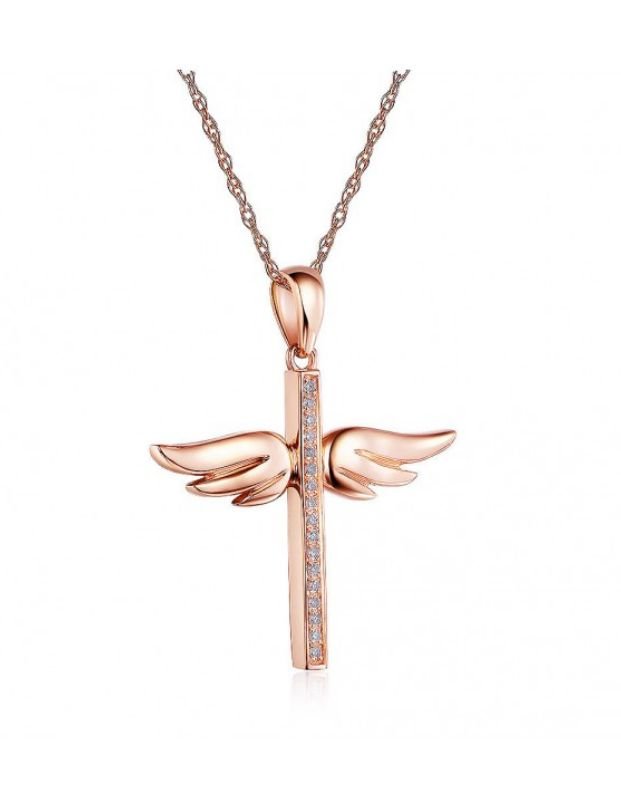 Image 5 of White Diamond Angel Wings Cross 14K Rose Gold Pendant