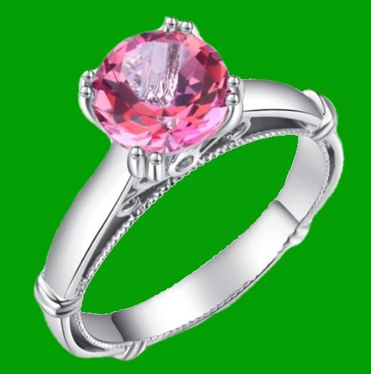 Image 0 of Pink Topaz Round Cut Diamond Accent Rope Detail Ladies 14K White Gold Ring 