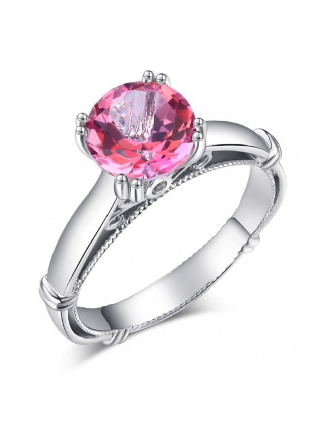 Image 1 of Pink Topaz Round Cut Diamond Accent Rope Detail Ladies 14K White Gold Ring 