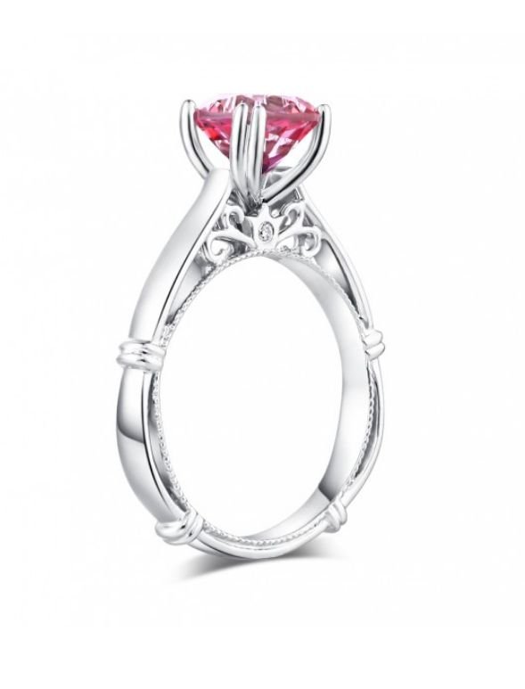 Image 3 of Pink Topaz Round Cut Diamond Accent Rope Detail Ladies 14K White Gold Ring 