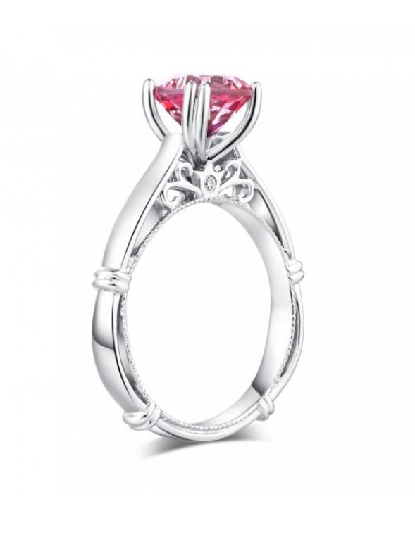 Image 3 of Pink Topaz Round Cut Diamond Accent Rope Detail Ladies 14K White Gold Ring 