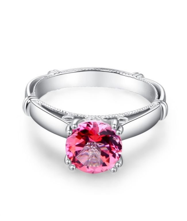 Image 5 of Pink Topaz Round Cut Diamond Accent Rope Detail Ladies 14K White Gold Ring 
