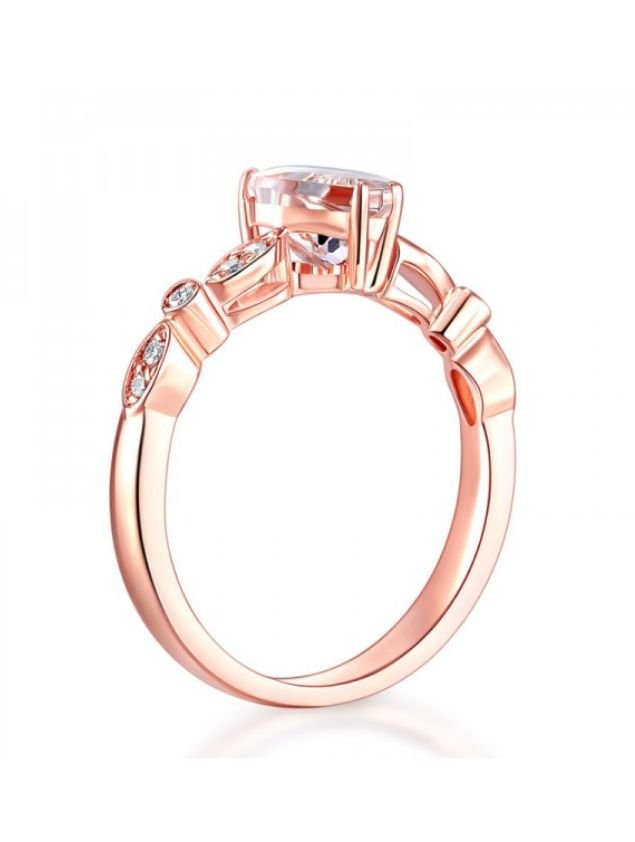 Image 3 of Peach Morganite Heart Cut Diamond Accent Ladies 14K Rose Gold Ring 
