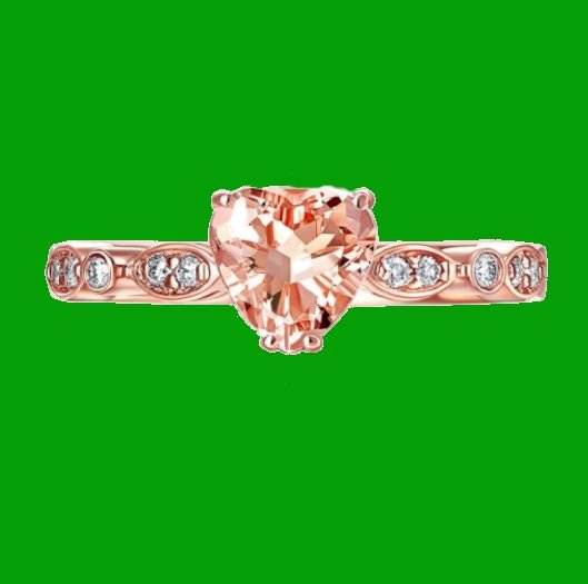 Image 4 of Peach Morganite Heart Cut Diamond Accent Ladies 14K Rose Gold Ring 