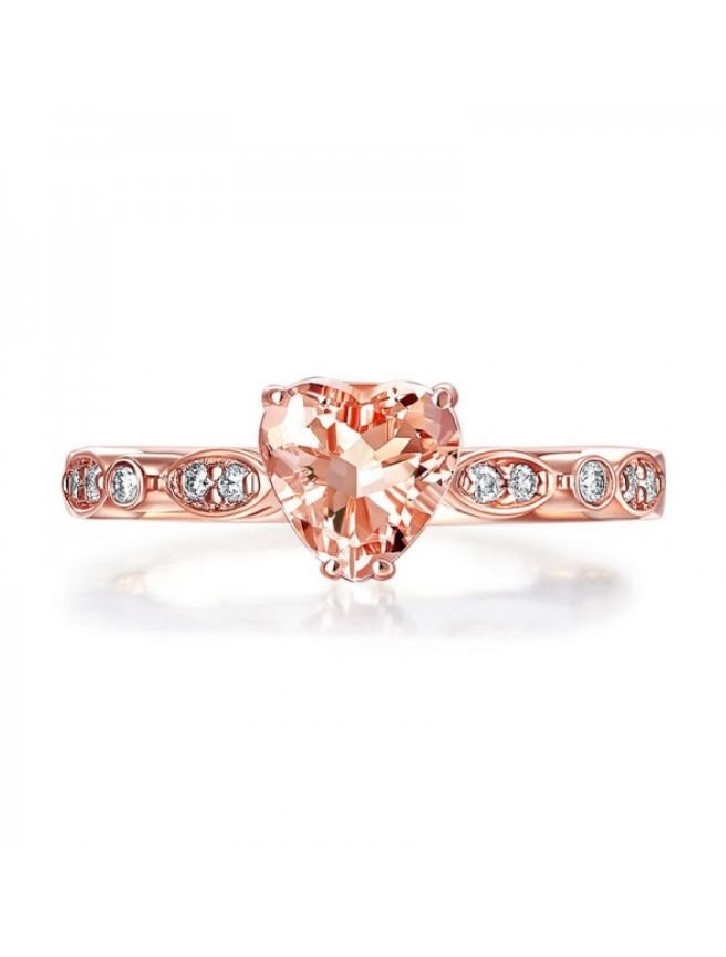 Image 5 of Peach Morganite Heart Cut Diamond Accent Ladies 14K Rose Gold Ring 
