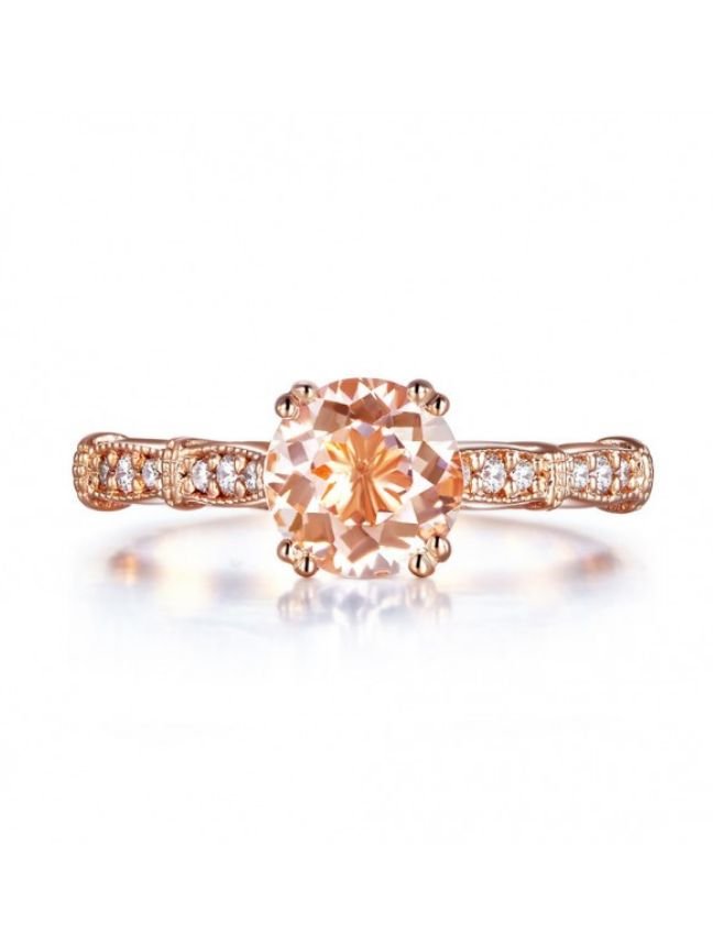 Image 5 of Peach Morganite Round Cut Diamond Accent Ladies 14K Rose Gold Ring  