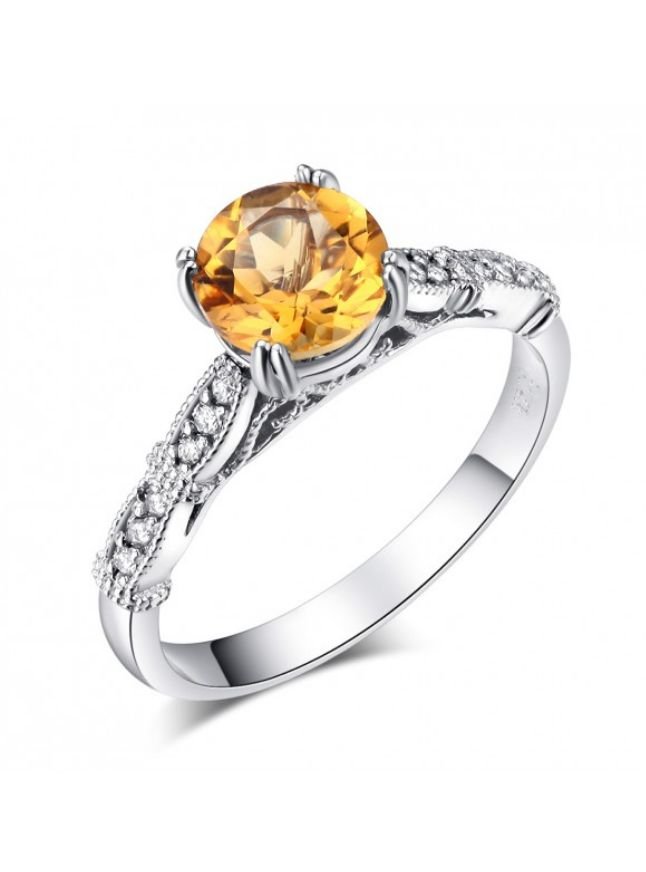 Image 1 of Citrine Round Cut Diamond Accent Ladies 14K White Gold Ring 