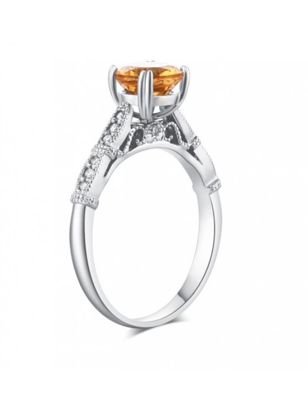 Image 3 of Citrine Round Cut Diamond Accent Ladies 14K White Gold Ring 