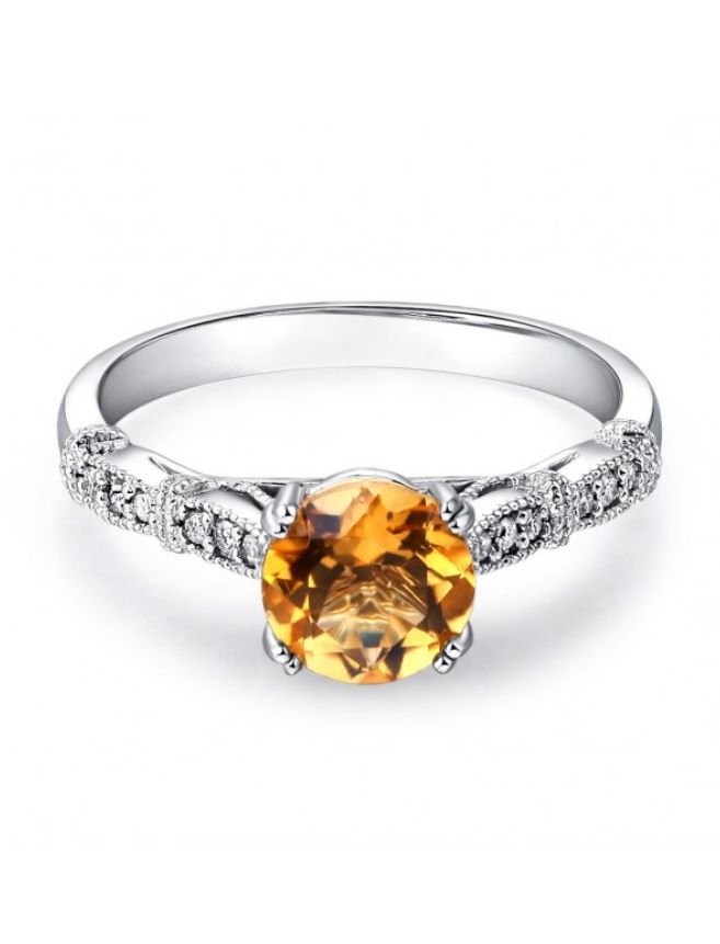 Image 5 of Citrine Round Cut Diamond Accent Ladies 14K White Gold Ring 