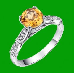 Citrine Round Cut Diamond Accent Ladies 14K White Gold Ring 