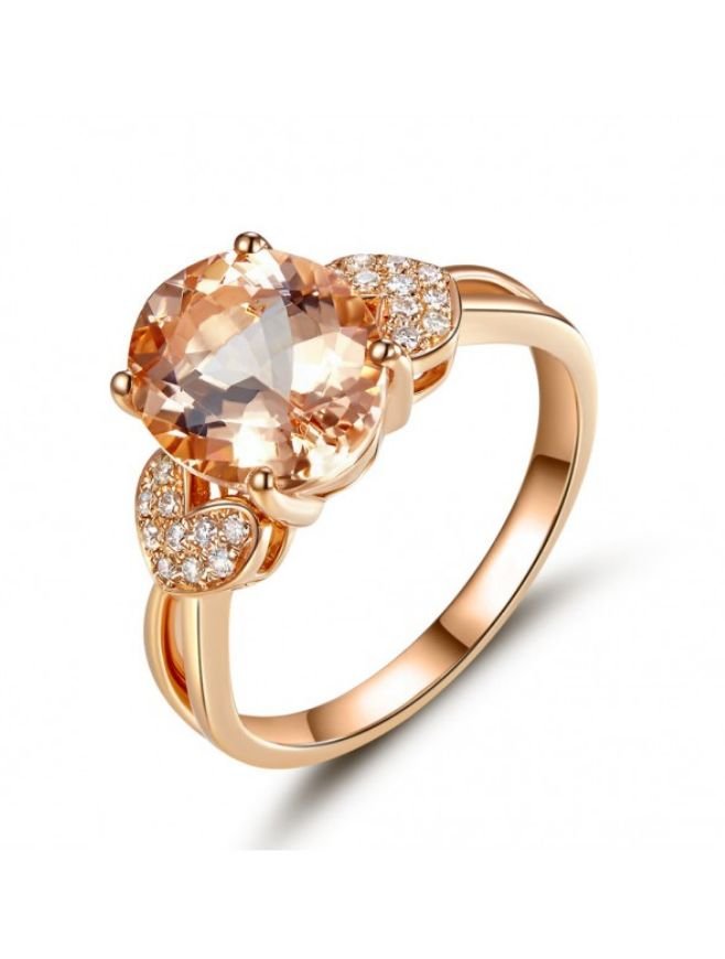 Image 1 of Peach Morganite Oval Cut Diamond Accent Heart Detail Ladies 14K Rose Gold Ring 