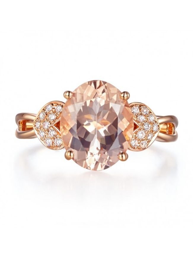 Image 5 of Peach Morganite Oval Cut Diamond Accent Heart Detail Ladies 14K Rose Gold Ring 