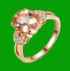 Peach Morganite Oval Cut Diamond Accent Heart Detail Ladies 14K Rose Gold Ring 