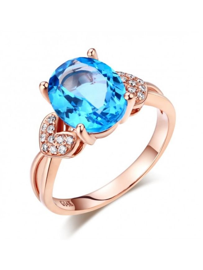 Image 1 of Swiss Blue Topaz Oval Cut Diamond Accent Heart Detail Ladies 14K Rose Gold Ring 
