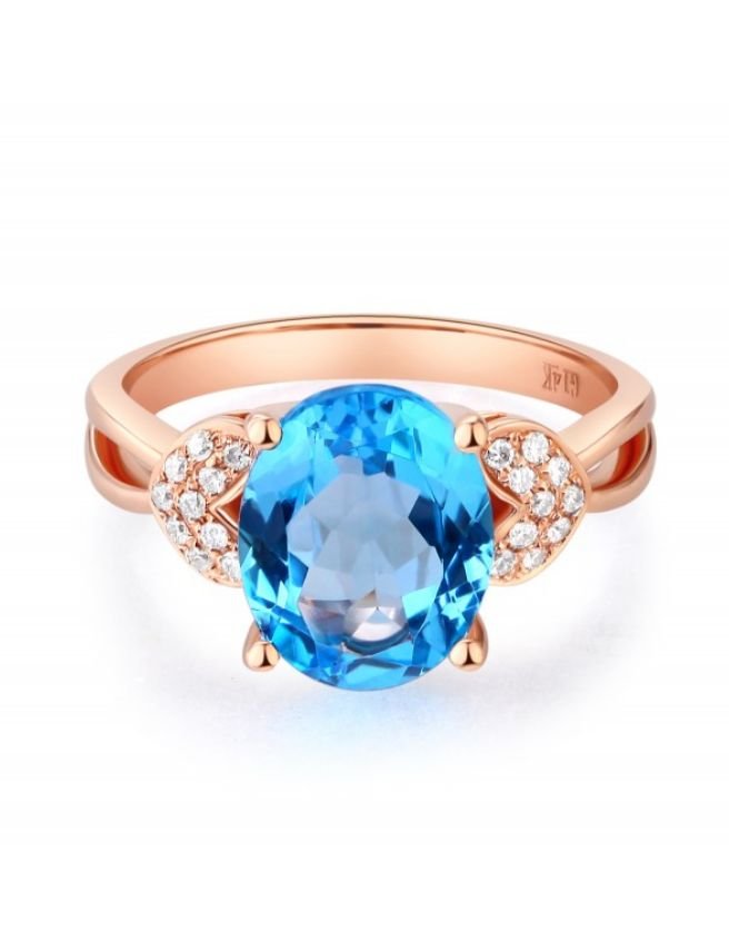 Image 5 of Swiss Blue Topaz Oval Cut Diamond Accent Heart Detail Ladies 14K Rose Gold Ring 