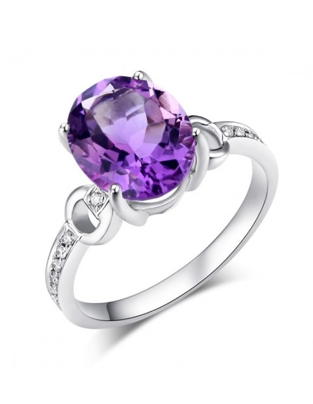 Image 1 of Purple Amethyst Oval Cut Diamond Inlaid Ladies 14K White Gold Ring  