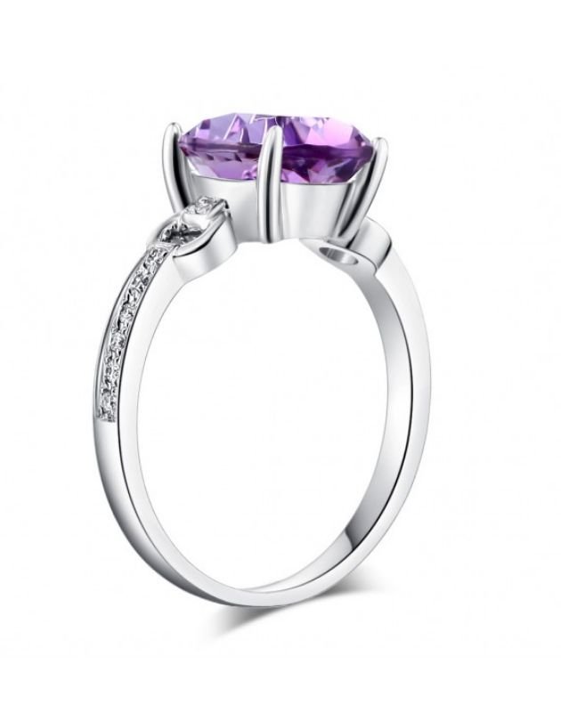 Image 3 of Purple Amethyst Oval Cut Diamond Inlaid Ladies 14K White Gold Ring  
