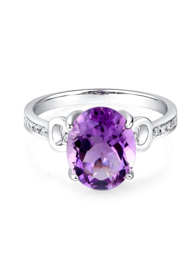 Image 5 of Purple Amethyst Oval Cut Diamond Inlaid Ladies 14K White Gold Ring  