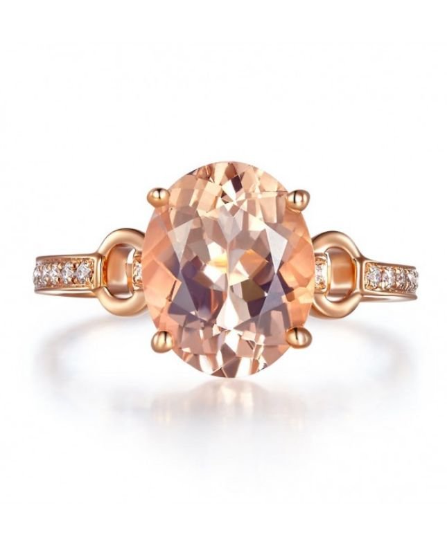 Image 5 of Peach Morganite Oval Cut Diamond Inlaid Ladies 14K Rose Gold Ring 