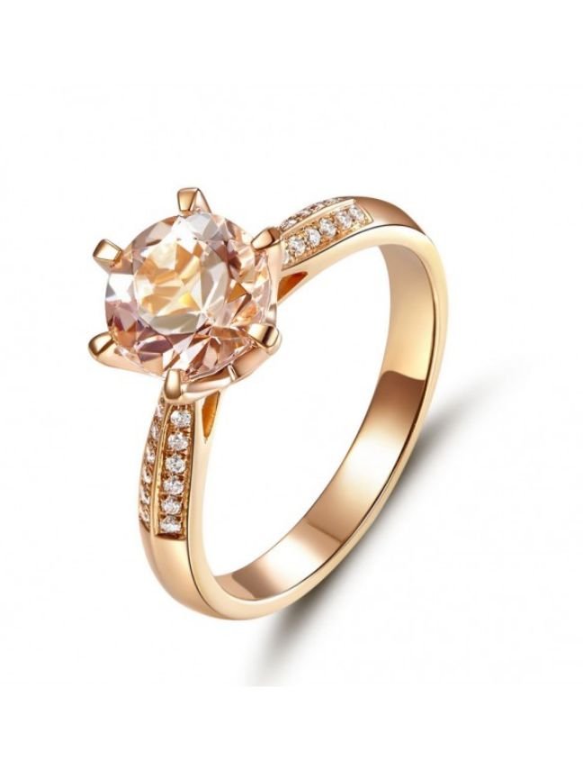 Image 1 of Peach Morganite Round Cut Diamond Double Inlaid Ladies 14K Rose Gold Ring  