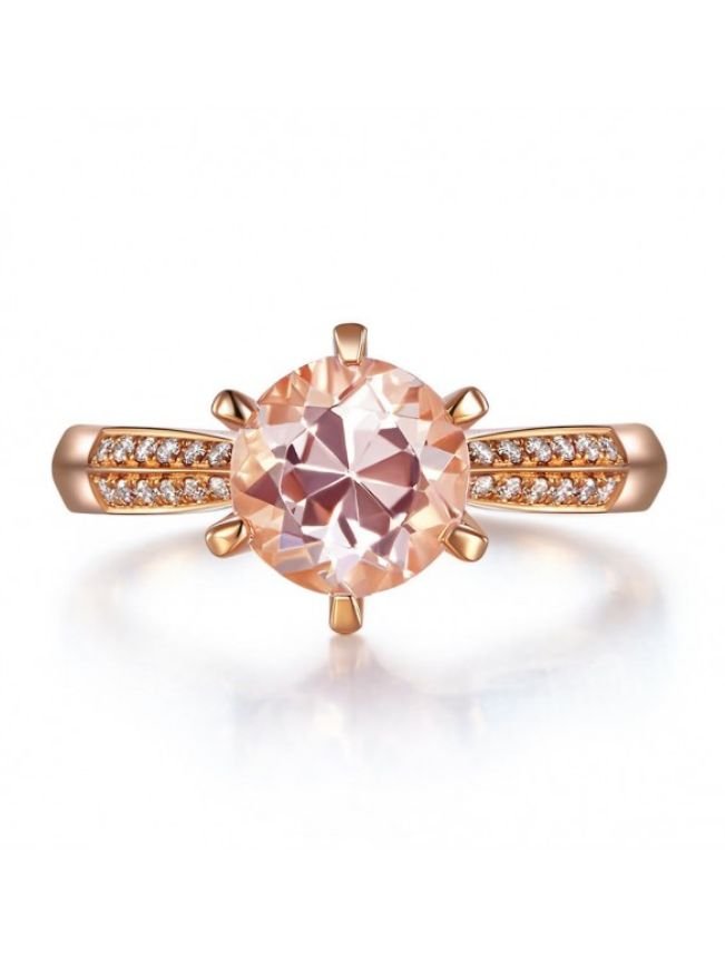 Image 5 of Peach Morganite Round Cut Diamond Double Inlaid Ladies 14K Rose Gold Ring  