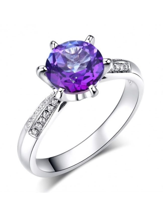 Image 1 of Purple Amethyst Round Cut Diamond Double Inlaid Ladies 14K White Gold Ring 
