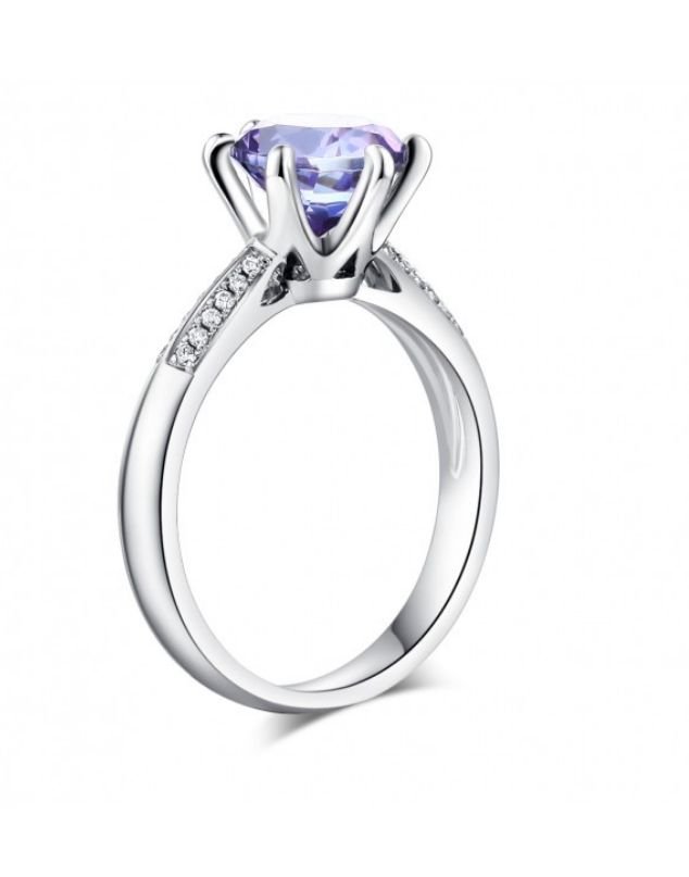 Image 3 of Purple Amethyst Round Cut Diamond Double Inlaid Ladies 14K White Gold Ring 