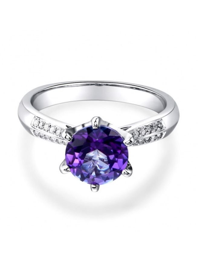 Image 5 of Purple Amethyst Round Cut Diamond Double Inlaid Ladies 14K White Gold Ring 