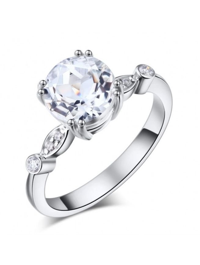 Image 1 of White Topaz Round Cut Diamond Accent Ladies 14K White Gold Ring 