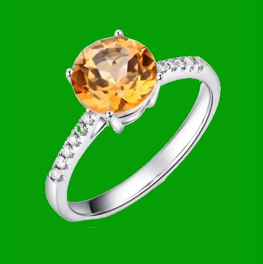 Image 0 of Citrine Round Cut Diamond Inlaid Ladies 14K White Gold Ring 