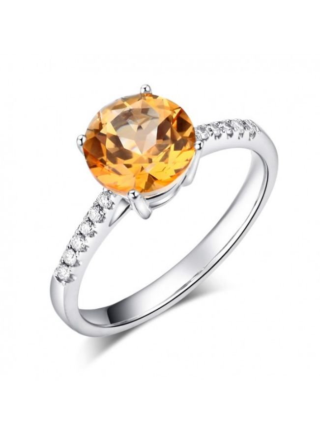 Image 1 of Citrine Round Cut Diamond Inlaid Ladies 14K White Gold Ring 
