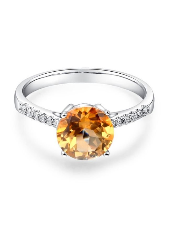 Image 5 of Citrine Round Cut Diamond Inlaid Ladies 14K White Gold Ring 