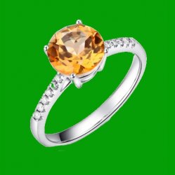 Citrine Round Cut Diamond Inlaid Ladies 14K White Gold Ring 