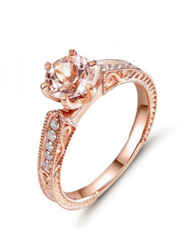 Image 1 of Peach Morganite Round Cut Diamond Highlights Ladies 14K Rose Gold Ring 