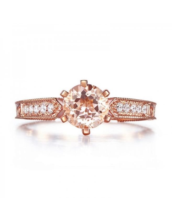 Image 5 of Peach Morganite Round Cut Diamond Highlights Ladies 14K Rose Gold Ring 