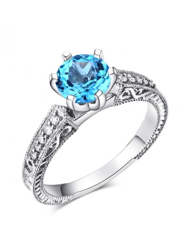 Image 1 of Swiss Blue Topaz Round Cut Diamond Highlights Ladies 14K White Gold Ring 