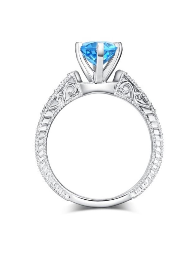 Image 3 of Swiss Blue Topaz Round Cut Diamond Highlights Ladies 14K White Gold Ring 