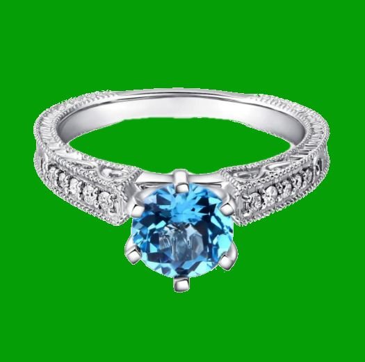 Image 4 of Swiss Blue Topaz Round Cut Diamond Highlights Ladies 14K White Gold Ring 