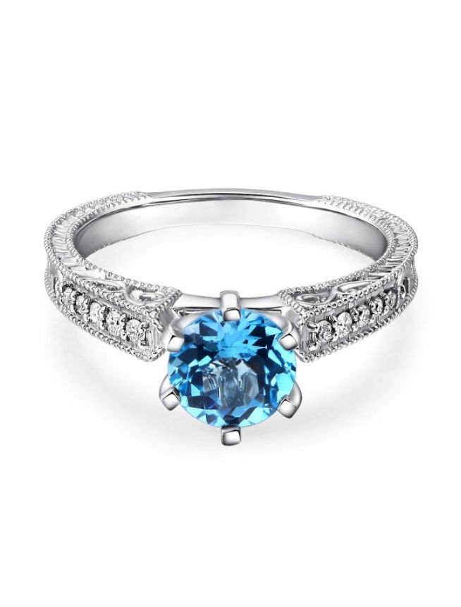 Image 5 of Swiss Blue Topaz Round Cut Diamond Highlights Ladies 14K White Gold Ring 