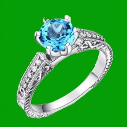 Swiss Blue Topaz Round Cut Diamond Highlights Ladies 14K White Gold Ring 