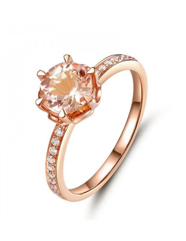 Image 1 of Peach Morganite Round Cut Diamond Channel Inlaid Ladies 14K Rose Gold Ring 