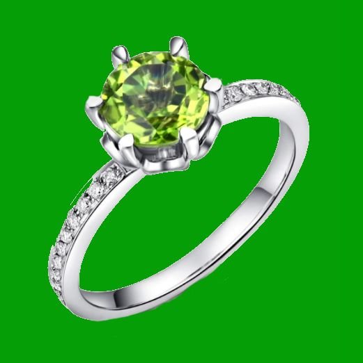 Image 0 of Green Peridot Round Cut Diamond Channel Inlaid Ladies 14K White Gold Ring 