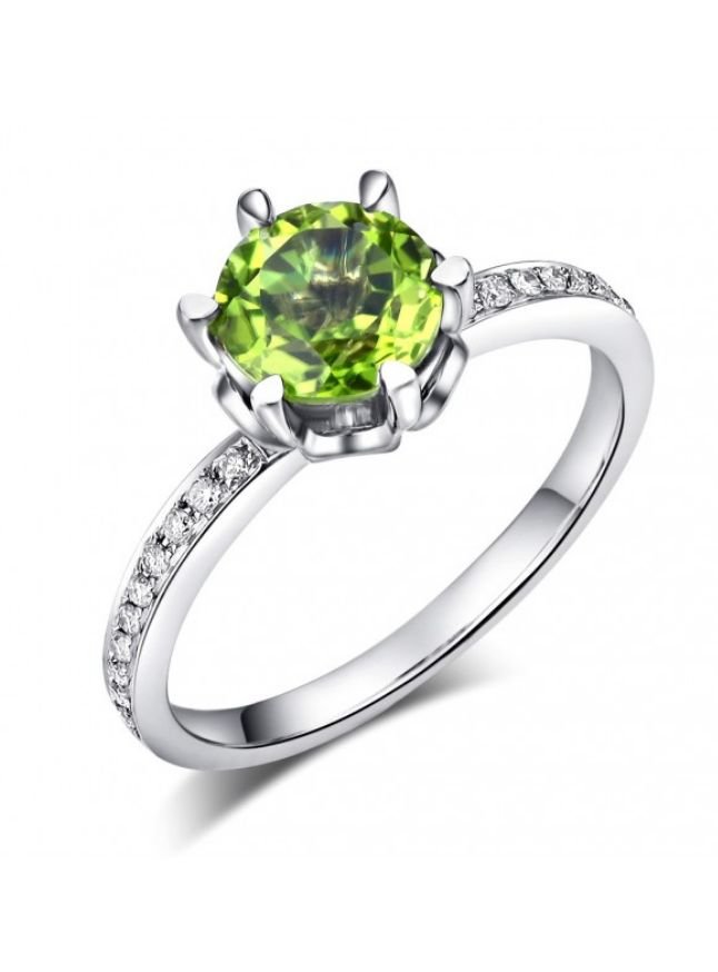 Image 1 of Green Peridot Round Cut Diamond Channel Inlaid Ladies 14K White Gold Ring 