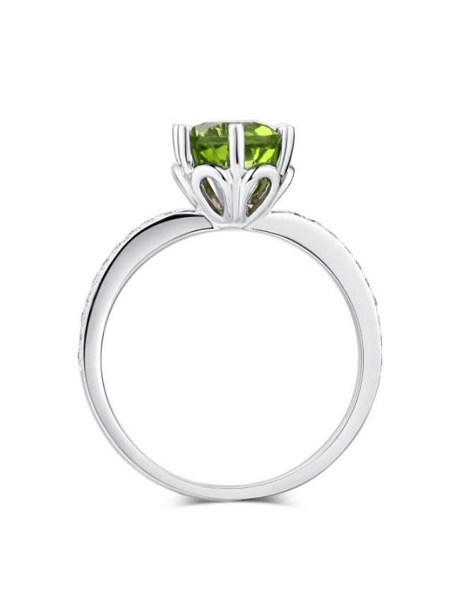 Image 3 of Green Peridot Round Cut Diamond Channel Inlaid Ladies 14K White Gold Ring 