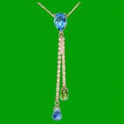 Blue Topaz Green Peridot Pear Briolette Double Drop 14K Rose Gold Pendant