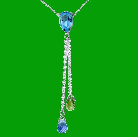Image 0 of Blue Topaz Green Peridot Pear Briolette Double Drop 14K White Gold Pendant