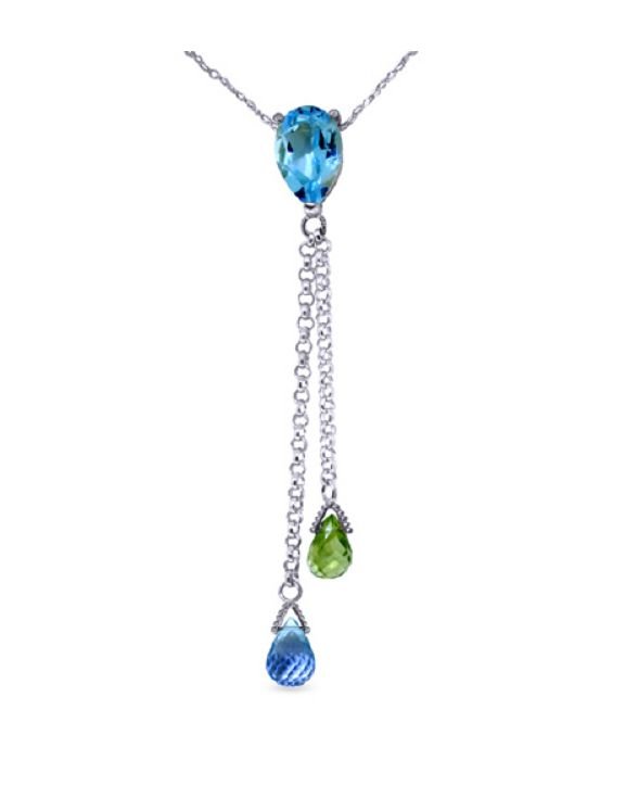 Image 1 of Blue Topaz Green Peridot Pear Briolette Double Drop 14K White Gold Pendant