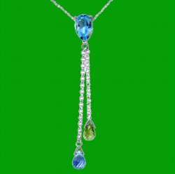 Blue Topaz Green Peridot Pear Briolette Double Drop 14K White Gold Pendant